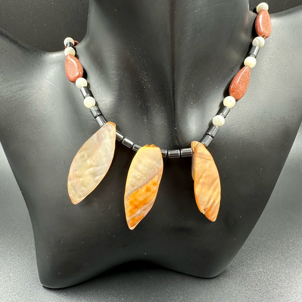 Vintage Shell Goldstone and Hematite Sterling Silver Necklace
